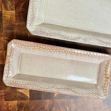 Load image into Gallery viewer, Large and narrow Serving Platters, made with red clay and hand carved. Glazed in speckled white glaze.