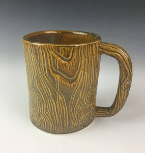 morningwood mug, beer stein that looks like wood texture on a pottery mug. Fern Street Pottery.