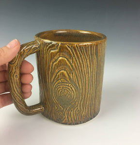morningwood mug, lumberjack mug, fauxbois wood grain carved into a pottery mug, appears as wood mug. Fern Street Pottery.