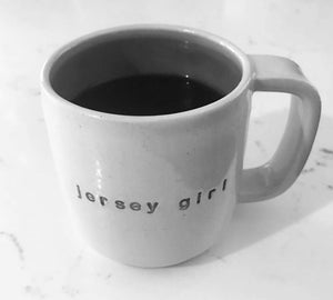 custom made mug with "jersey girl" text. black and white photo