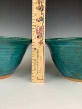 Load image into Gallery viewer, carved rim bowls in teal, showing the dimensions, marked by a ruler. These are just under 4&quot; tall