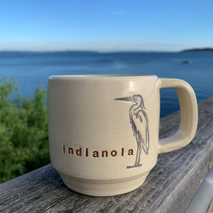 indianola mug, wheelthrown with great blue heron image inset.