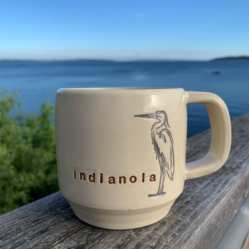 indianola mug, wheelthrown with great blue heron image inset.