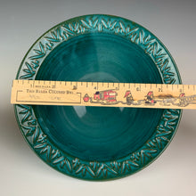 Load image into Gallery viewer, carved rim bowl in teal, showing the dimensions, marked by a ruler. This one is just under 8&quot; diameter at the outside edge