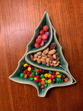 Load image into Gallery viewer, christmas decor, vintage style ceramic candy dish with candy on a teak table