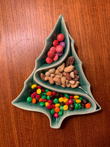 christmas decor, vintage style ceramic candy dish with candy on a teak table