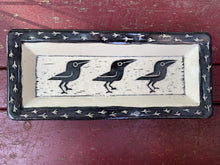 Load image into Gallery viewer, Crow platter, white with 3 black sgraffito carved crow