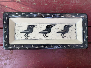 Crow platter, white with 3 black sgraffito carved crow