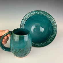 Load image into Gallery viewer, a carved rim bowl and matching carved mug, both in Teal glaze. made of stoneware