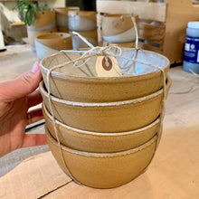 Load image into Gallery viewer, set of four stacking bowls, perfect size for soup, cereal, salad, or ice cream.  These bowls are glazed with a speckled, rustic white glaze inside and feature the red-brown exposed stoneware clay on the exterior.