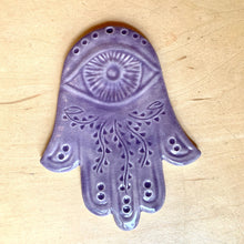 Load image into Gallery viewer, ceramic hamsa wall hanging, hand carved, shown in Lavender purple