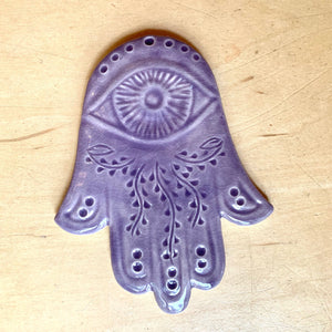 ceramic hamsa wall hanging, hand carved, shown in Lavender purple