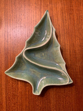 Load image into Gallery viewer, speckled green ceramic tree shaped dish on teak table