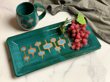 Load image into Gallery viewer, MidMod Mug  glazed in teal/turquoise shown with hand crafted matching Large MidMod tray