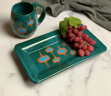 Load image into Gallery viewer, newly made, vintage style. This MidMod serving tray is designed to fit in with your MidCenturyModern style. shown here in Teal with turquoise accent, and some beautiful red stoneware clay showing through. also shown with a MidMod mug, sold separately